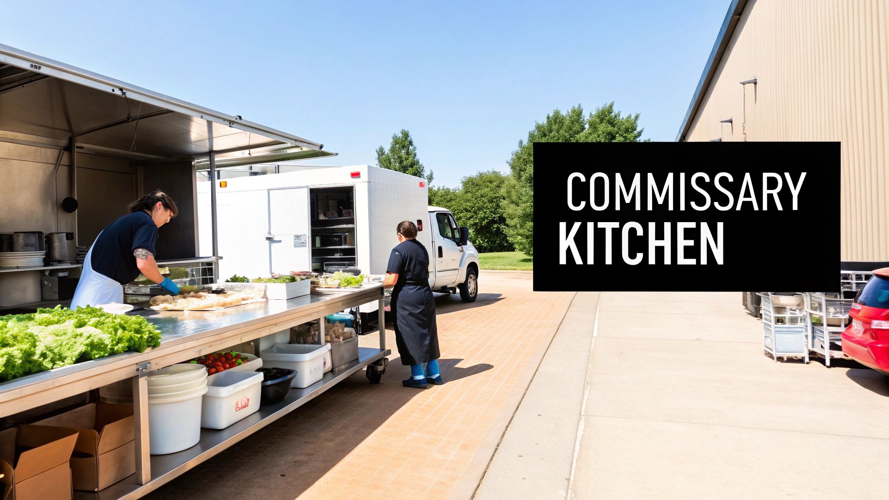 Two chefs prepare food at an outdoor commissary kitchen setup next to a food truck.