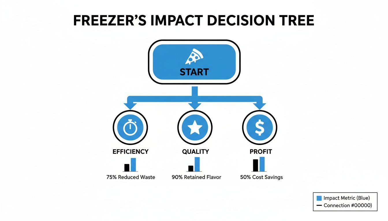 Freezer's Impact Decision Tree illustrating effects on efficiency, quality, and profit with performance metrics.