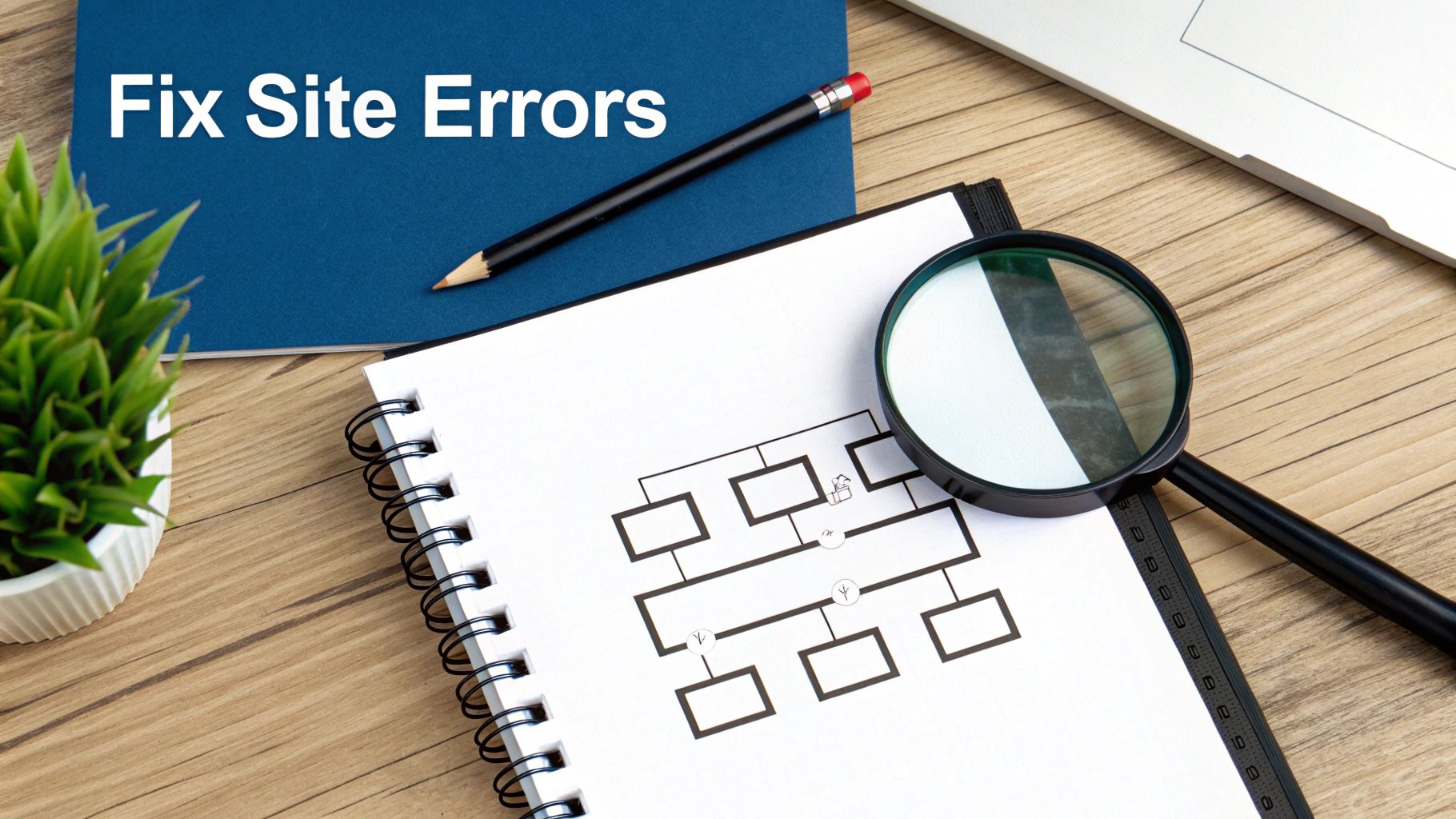 Magnifying glass examining website flowchart diagram on desk with pencil and notepad for fixing site errors
