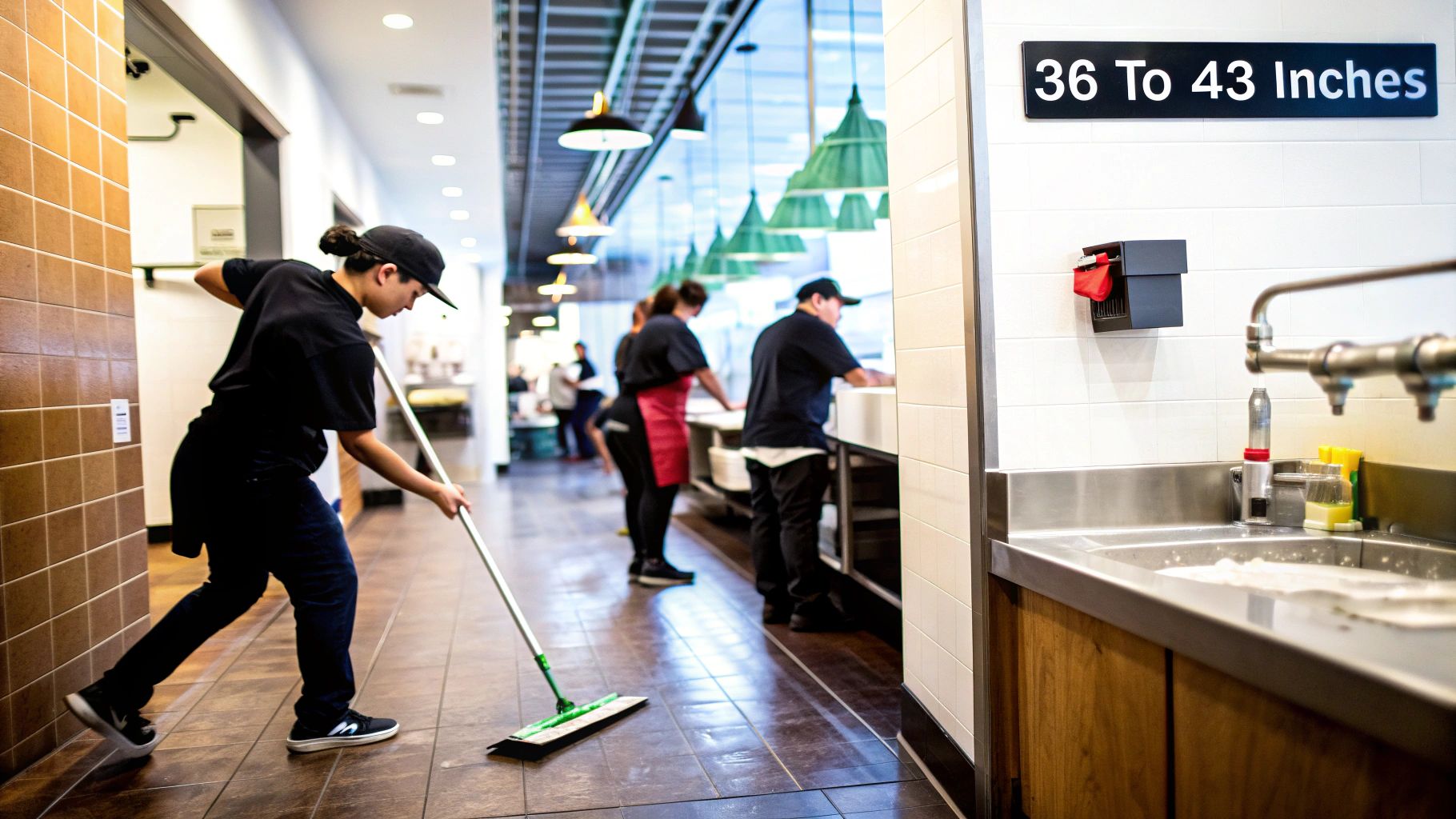 A worker mops the floor in a commercial kitchen with other employees and a sink nearby.