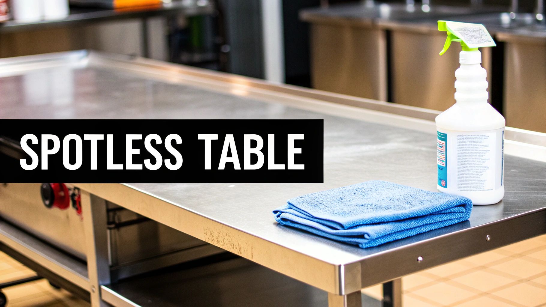 A clean stainless steel table with a white spray bottle and a folded blue microfiber cloth.