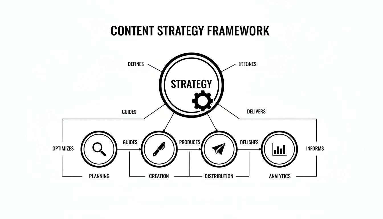 Content strategy framework illustrating strategy, planning, creation, distribution, analytics, and optimization processes.