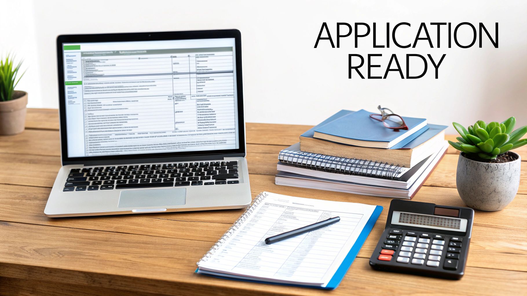A workspace with a laptop, books, calculator, and a notebook on a wooden desk, text "APPLICATION READY".