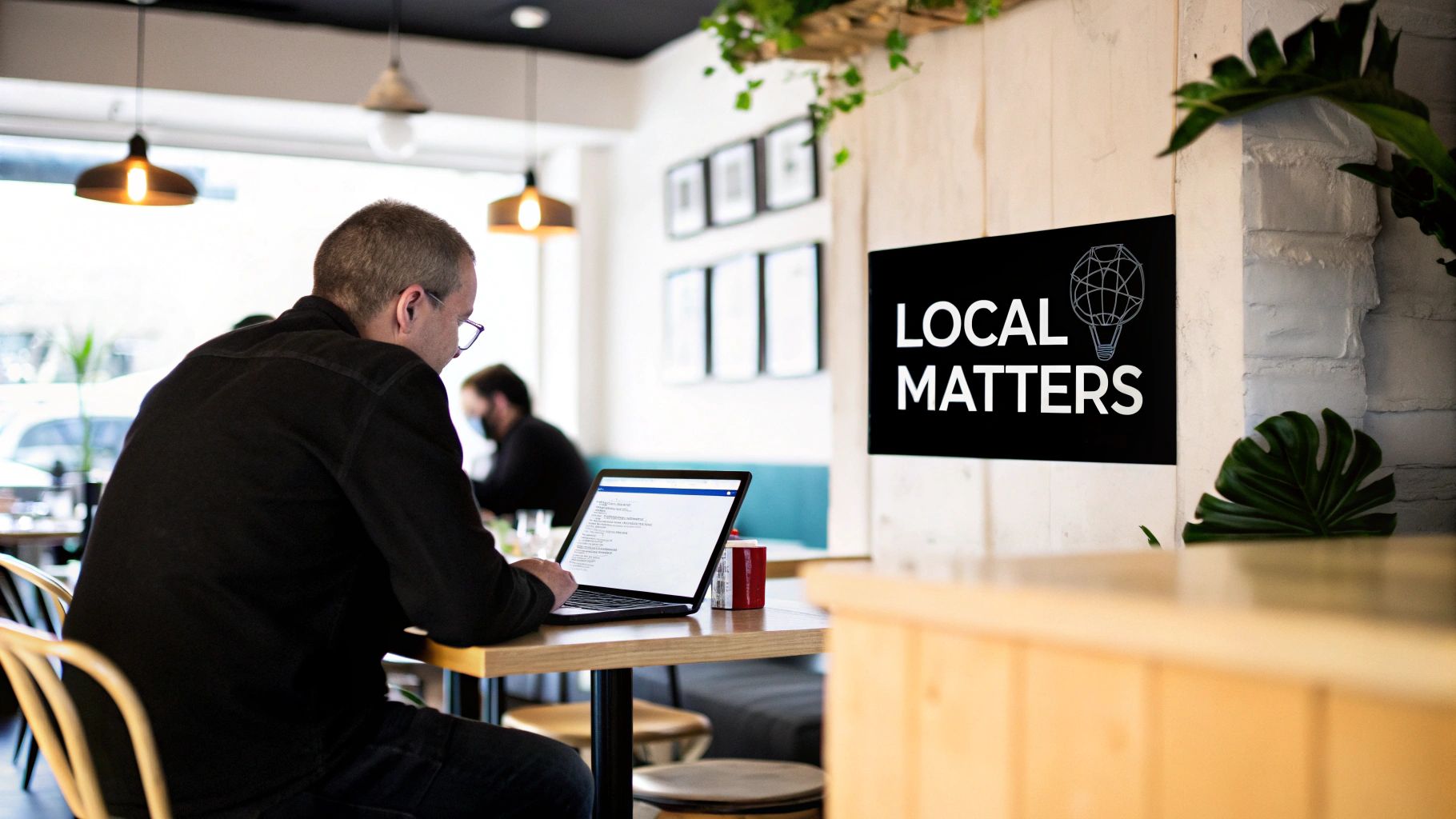 A man works on a laptop in a modern cafe with a 'LOCAL MATTERS' sign on the wall.