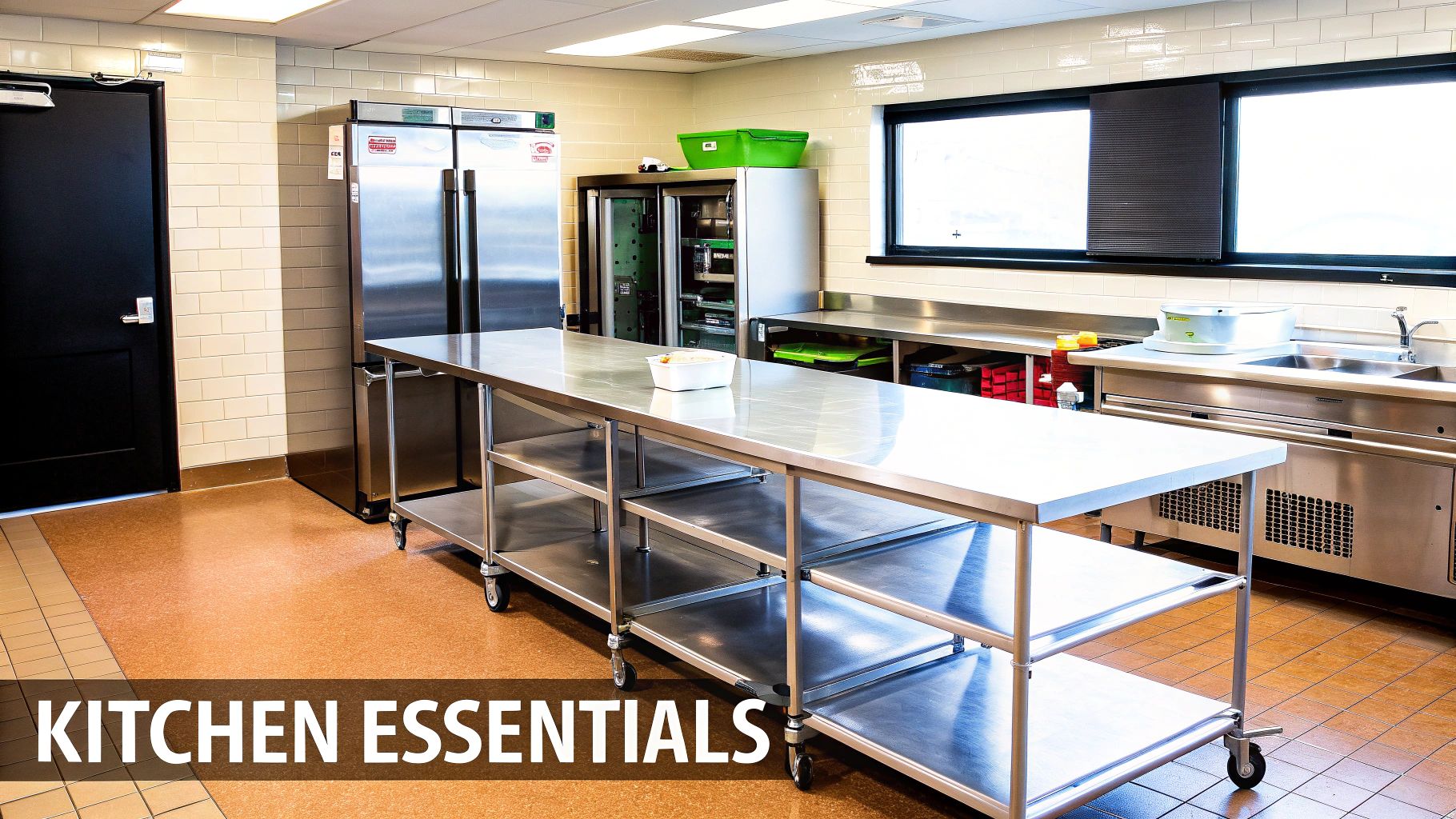 A bright, clean commercial kitchen with stainless steel refrigerators, a large prep table, and sinks.