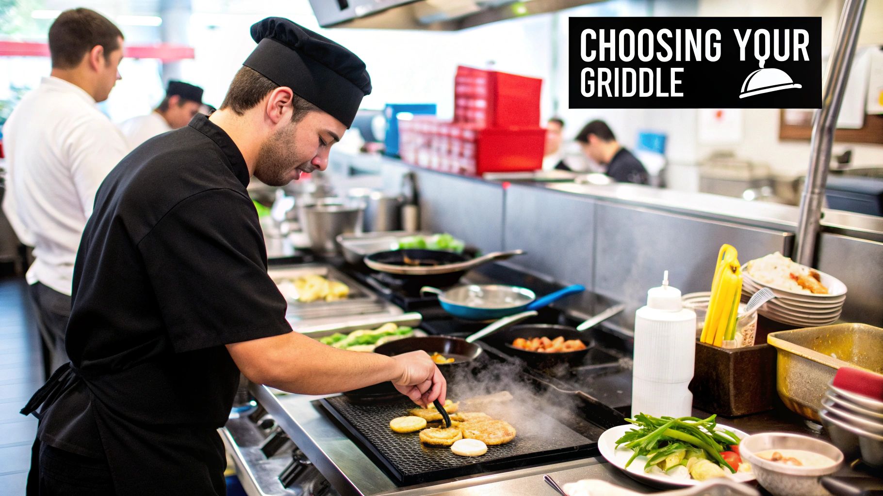 A chef cooking burgers on a large commercial griddle.