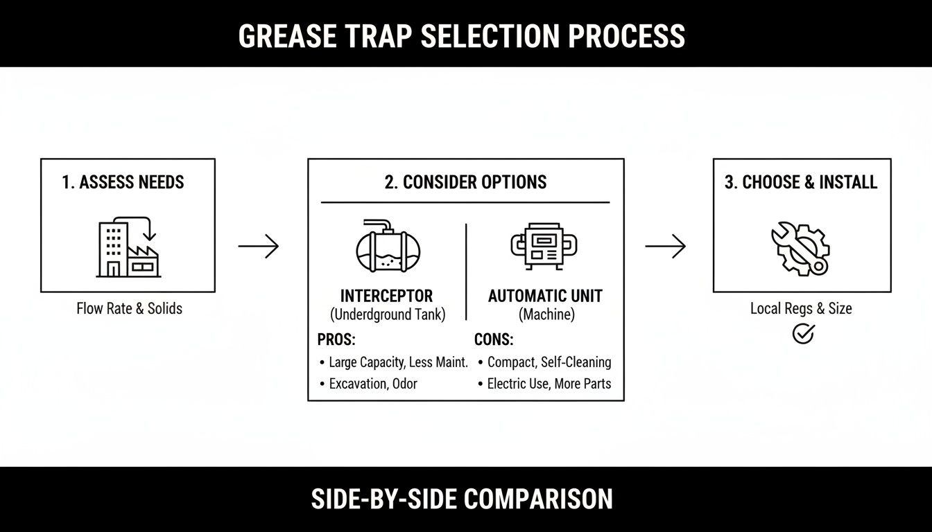 Flowchart detailing the grease trap selection process, comparing interceptors and automatic units with their pros and cons.