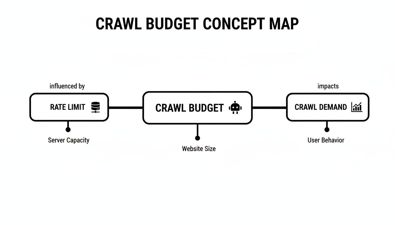 Concept map illustrating crawl budget, its influencing factors like rate limit and website size, and its impact on crawl demand.