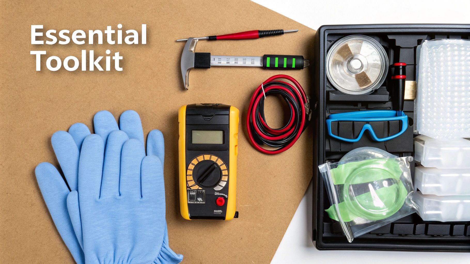 An essential toolkit laid out, featuring gloves, a multimeter, hammer, wires, and safety glasses.