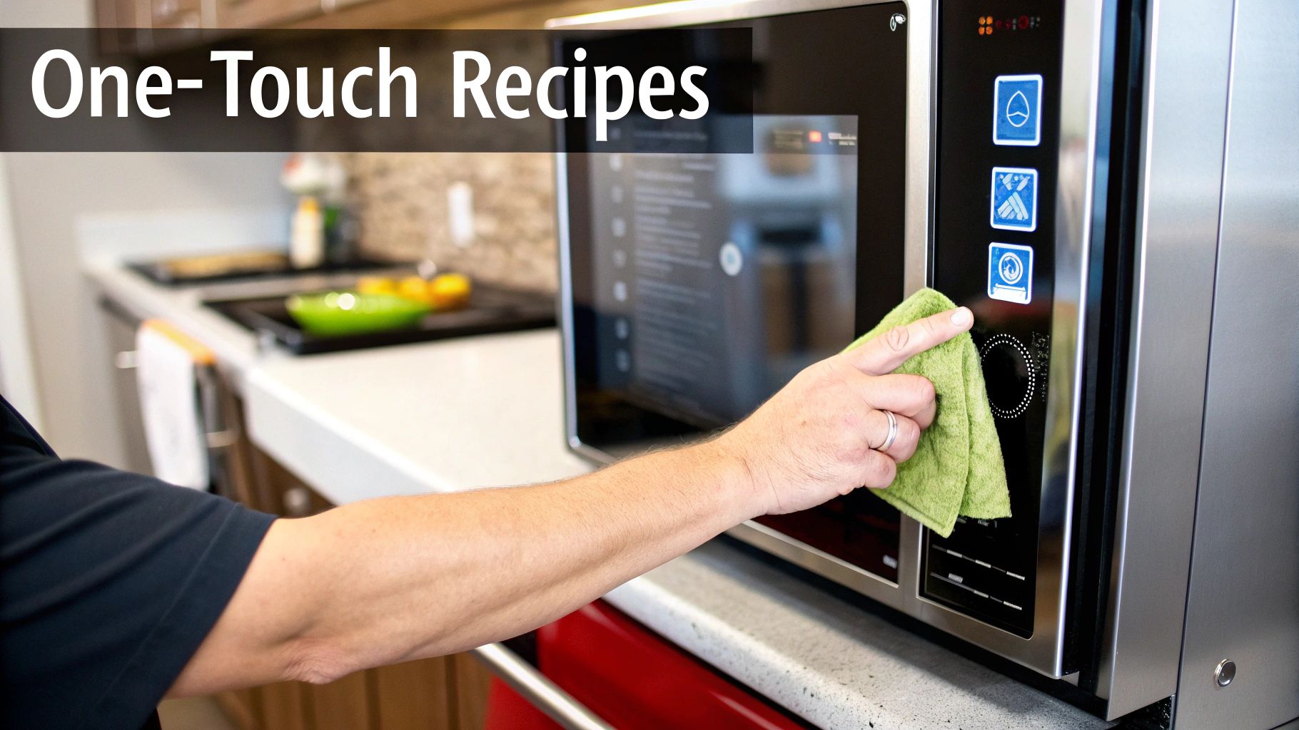 A person's hand with a green cloth cleaning the control panel of a modern speed oven in a kitchen.