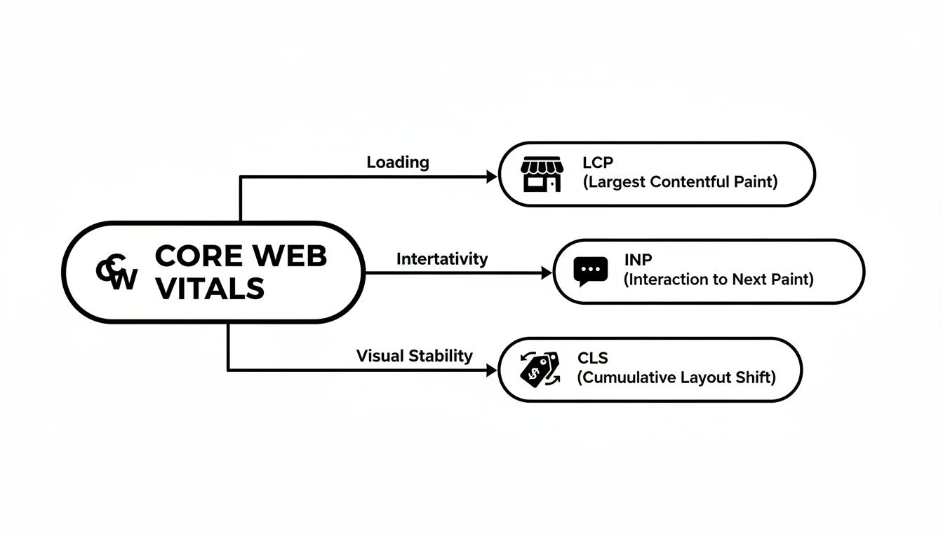 Diagram illustrating Core Web Vitals, categorizing them into Loading (LCP), Interactivity (INP), and Visual Stability (CLS).