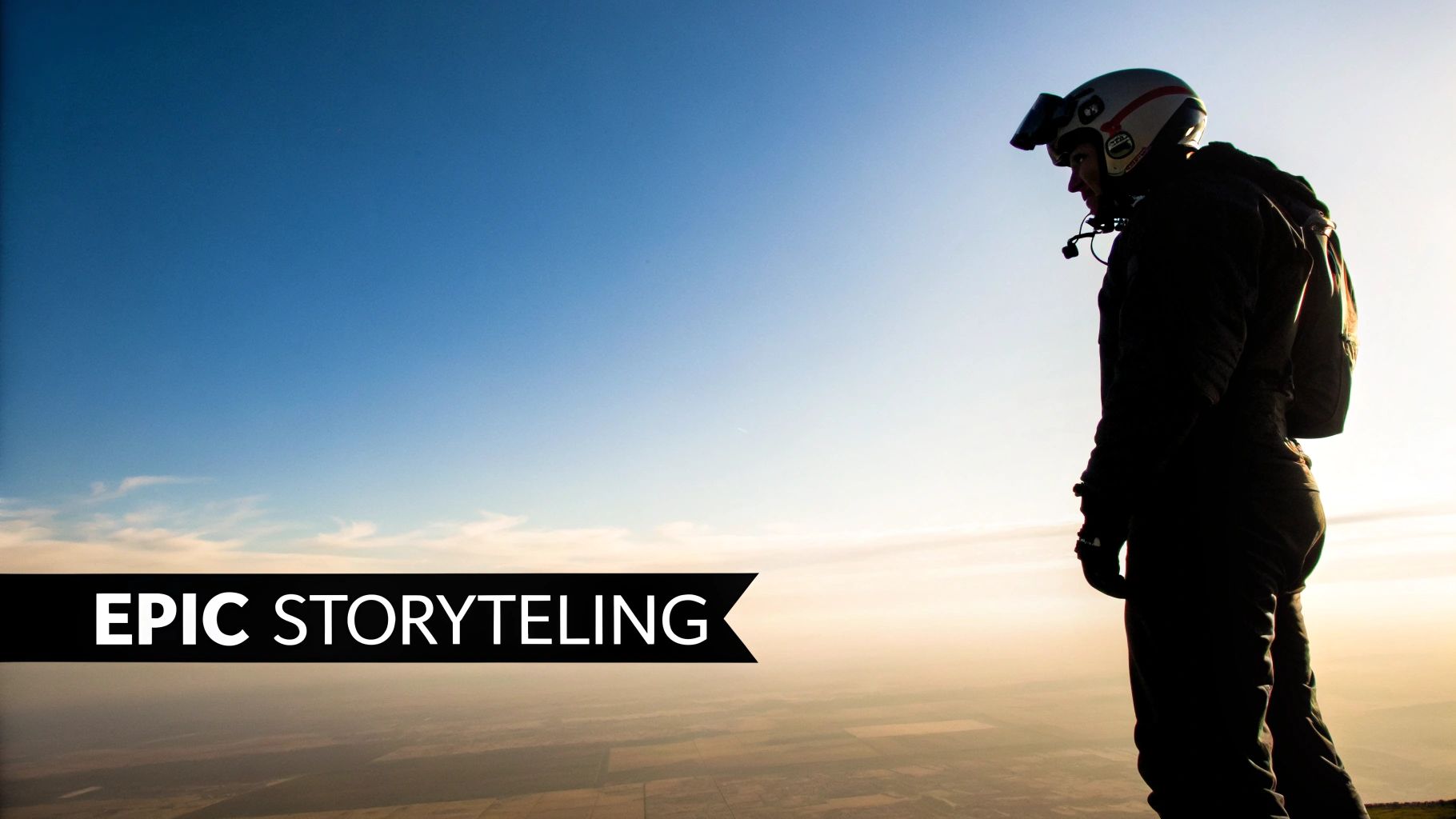 A silhouetted person in a helmet stands against a vibrant sky, with 'EPIC STORYTELLING' text.