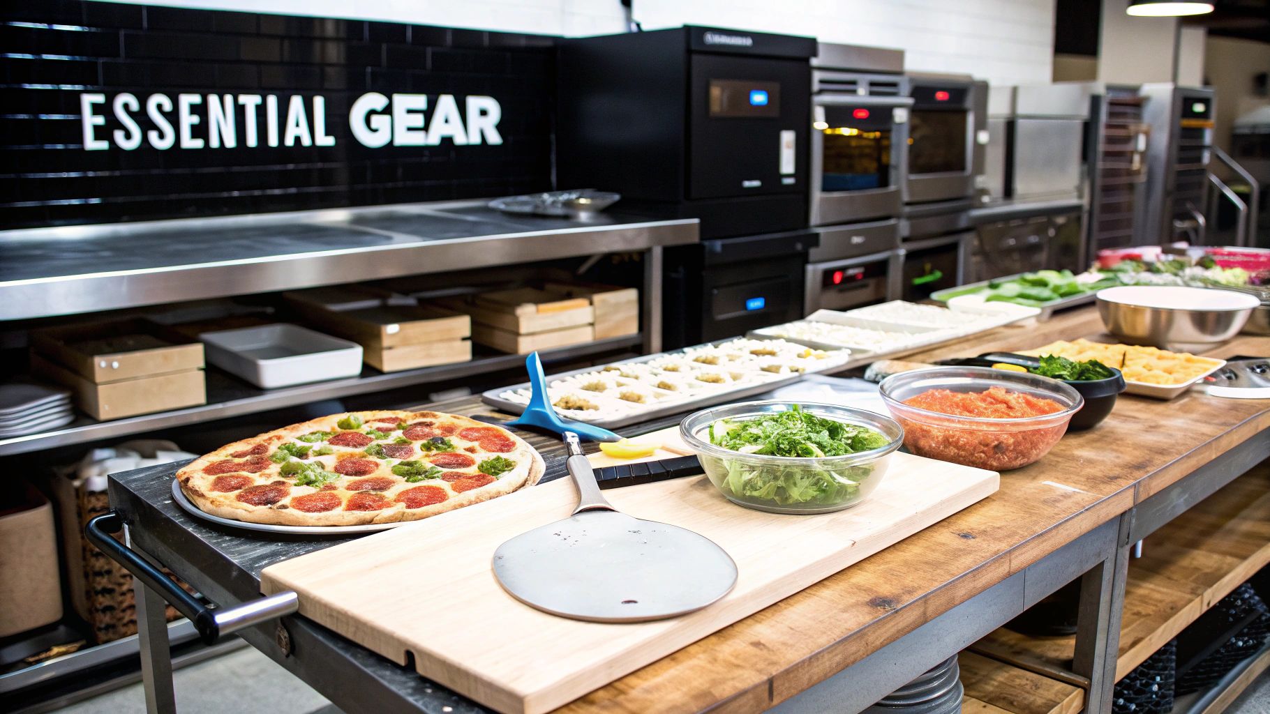 A detailed shot of a pizza prep table with various toppings in containers and a pizza being made.