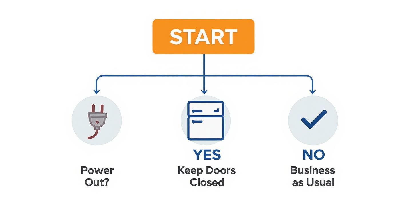 Flowchart depicting actions for a refrigerator during a power outage: keep doors closed if power is out.