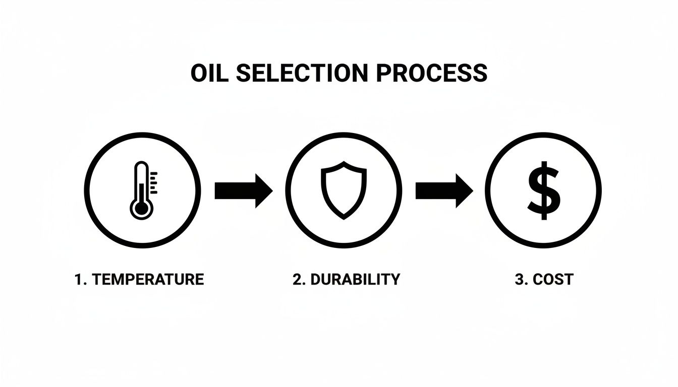 A flowchart illustrating the oil selection process based on temperature, durability, and cost.