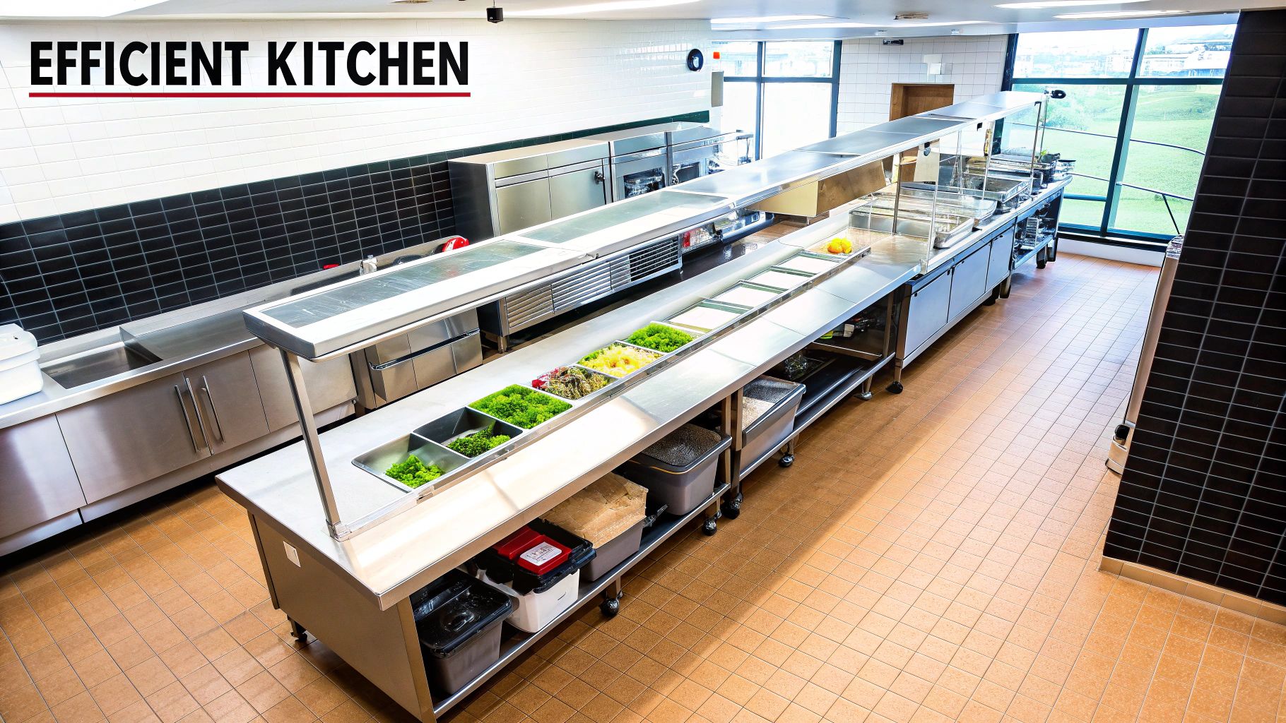 A long view of a modern commercial kitchen with stainless steel counters and a fresh salad bar.
