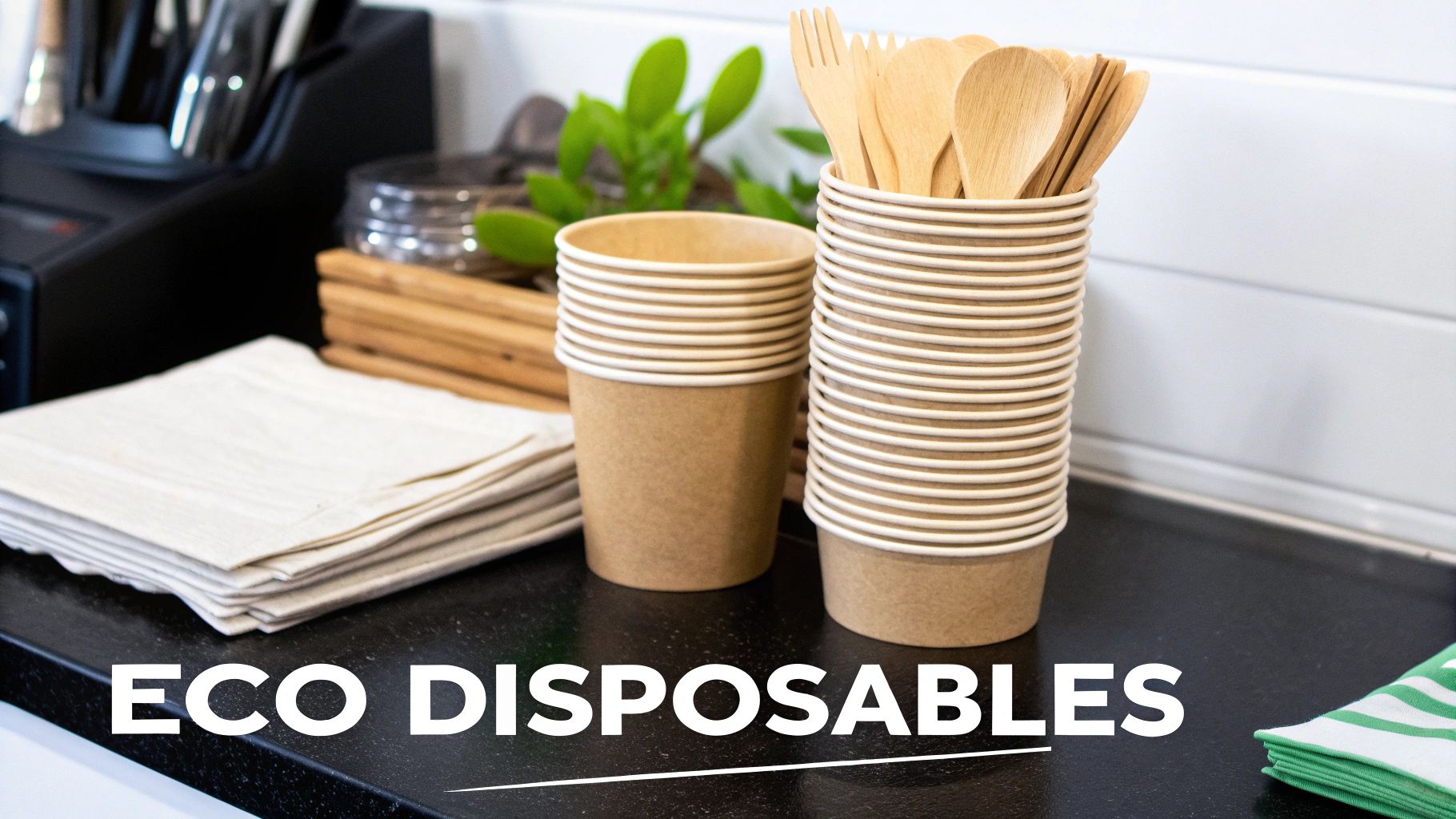A variety of colorful ice cream cups, spoons, and napkins neatly arranged.