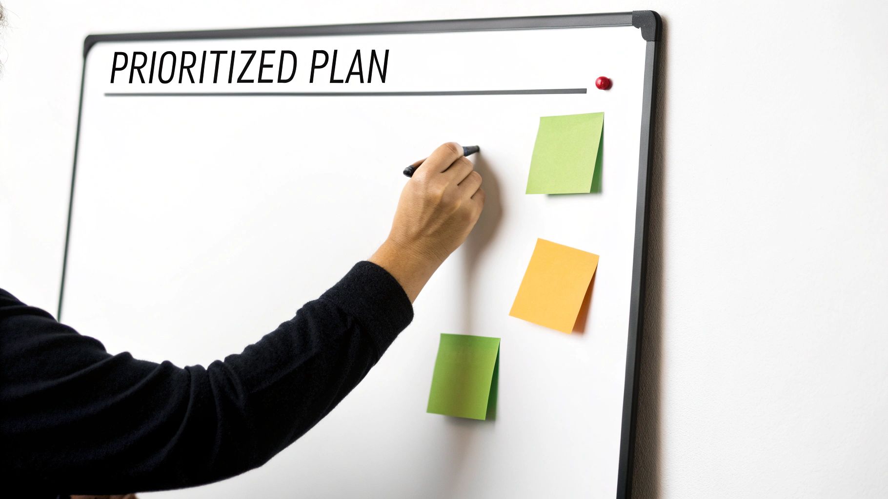 A person's hand writes on a whiteboard titled "PRIORITIZED PLAN" with sticky notes.