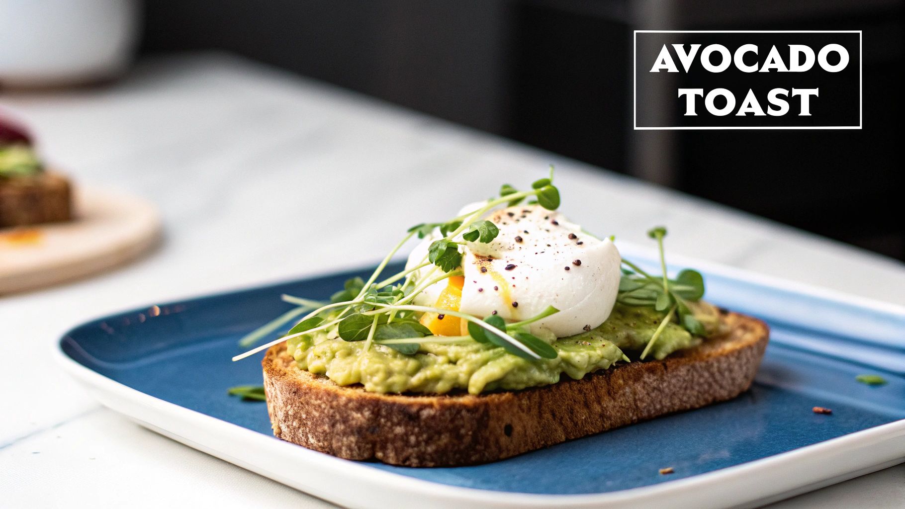 Delicious avocado toast with a runny poached egg and fresh microgreens on a blue plate.