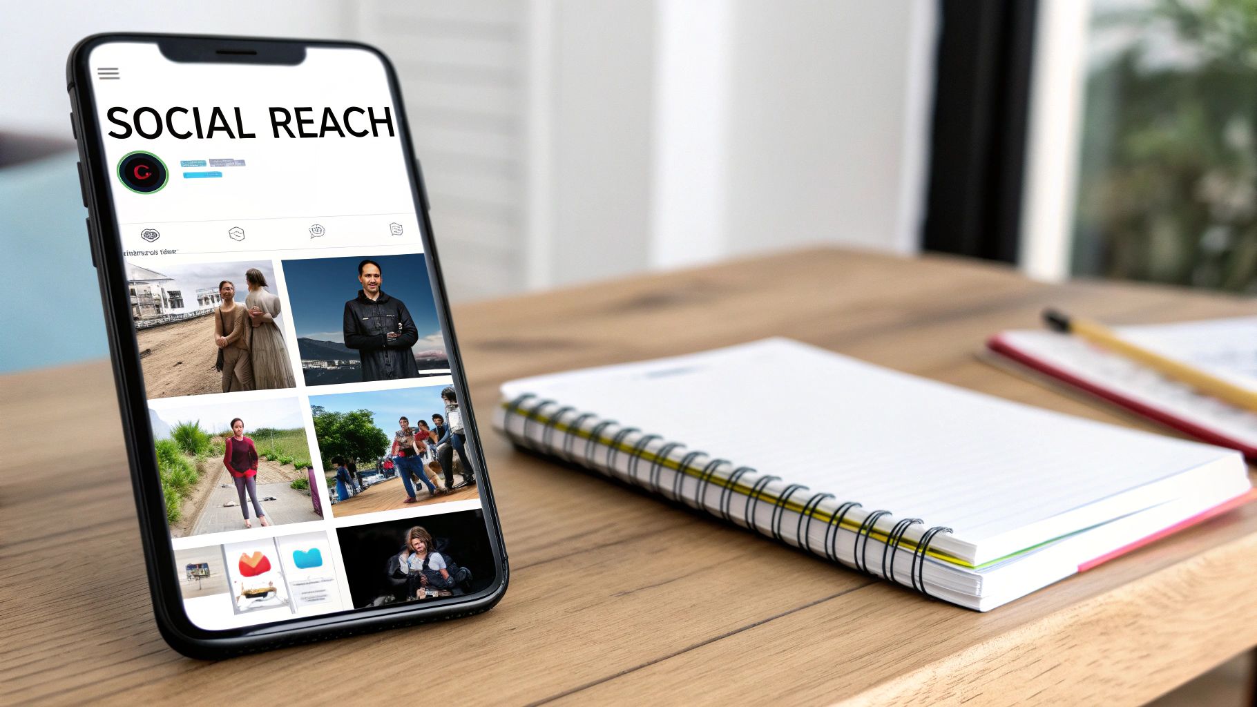 A smartphone displays a social media app with 'SOCIAL REACH' on a wooden desk next to a notebook.