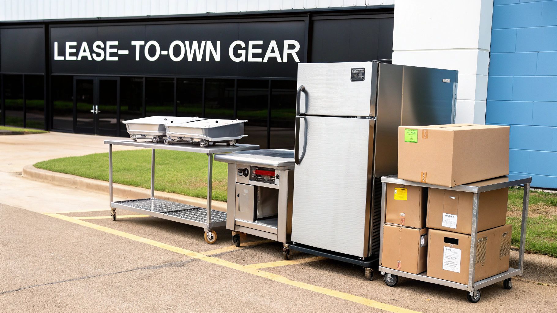 Commercial kitchen equipment, including refrigerators, steel tables, and boxes, outside a building.