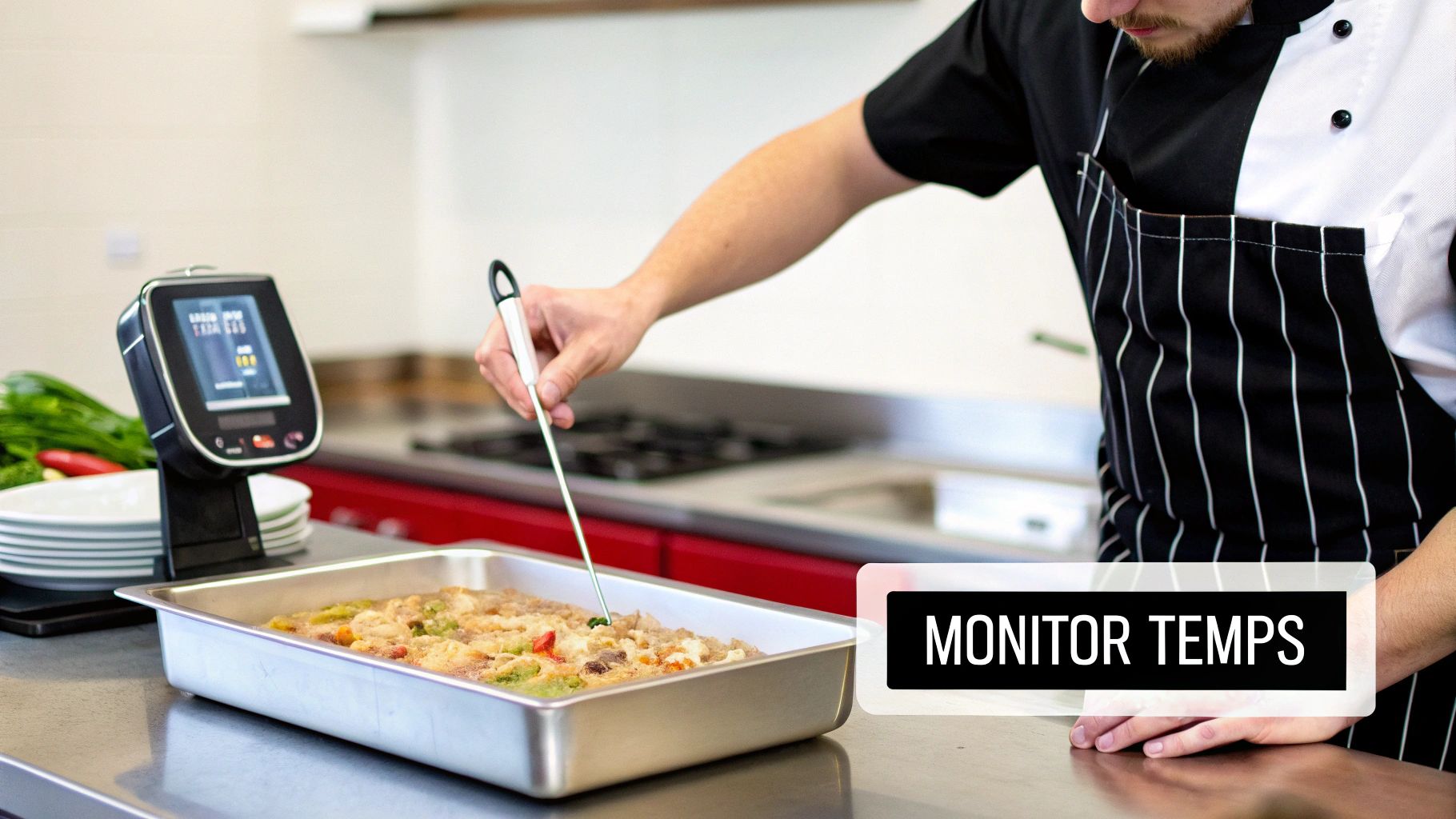 A chef in a professional kitchen uses a thermometer to monitor the temperature of food in a metal tray.