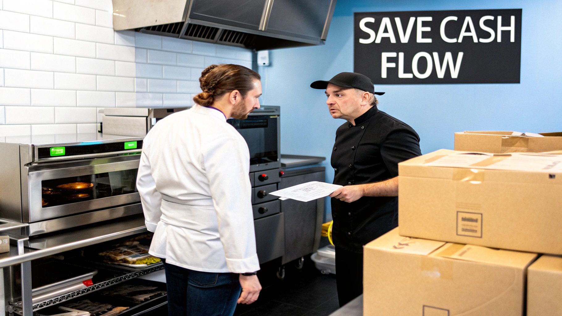 Two chefs discuss documents in a commercial kitchen with ovens, shelves, and boxes.