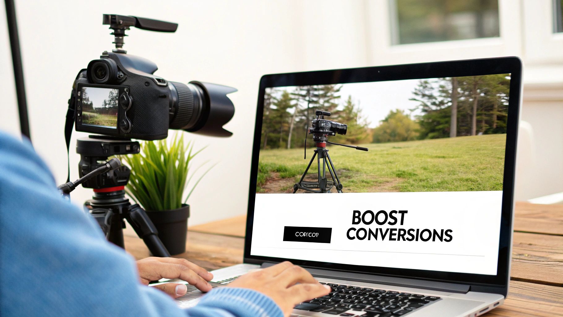 Person working on a laptop with a camera and tripod, optimizing for website conversions through video content.