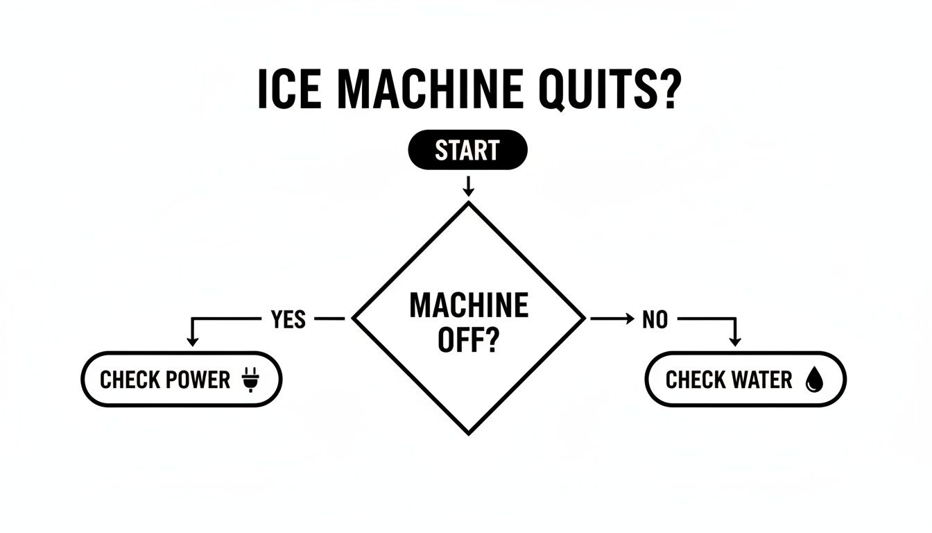 A troubleshooting flowchart for an ice machine, guiding users to check power or water.