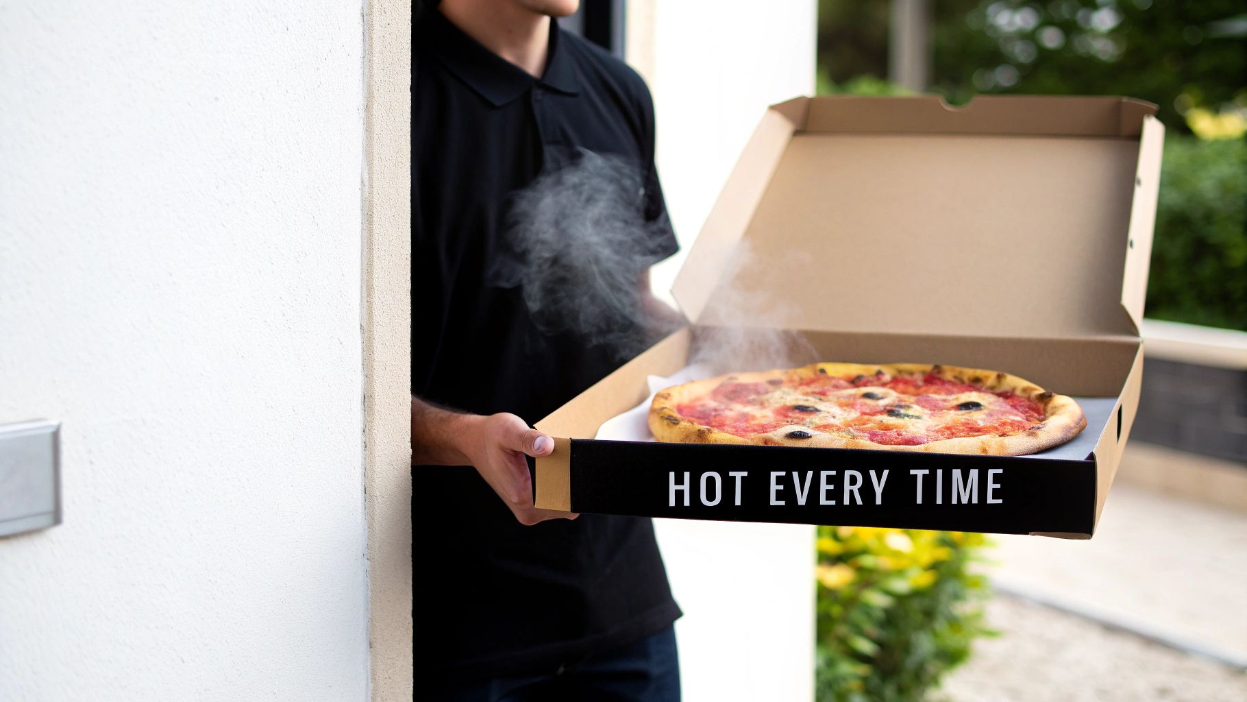A delivery driver holds an open pizza box with a steaming hot pizza, emphasizing fresh delivery.