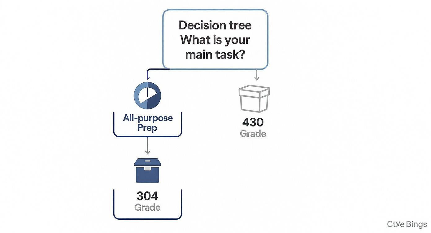 A flowchart titled 'Decision tree: What is your main task?', showing paths to 304 or 430 Grade.