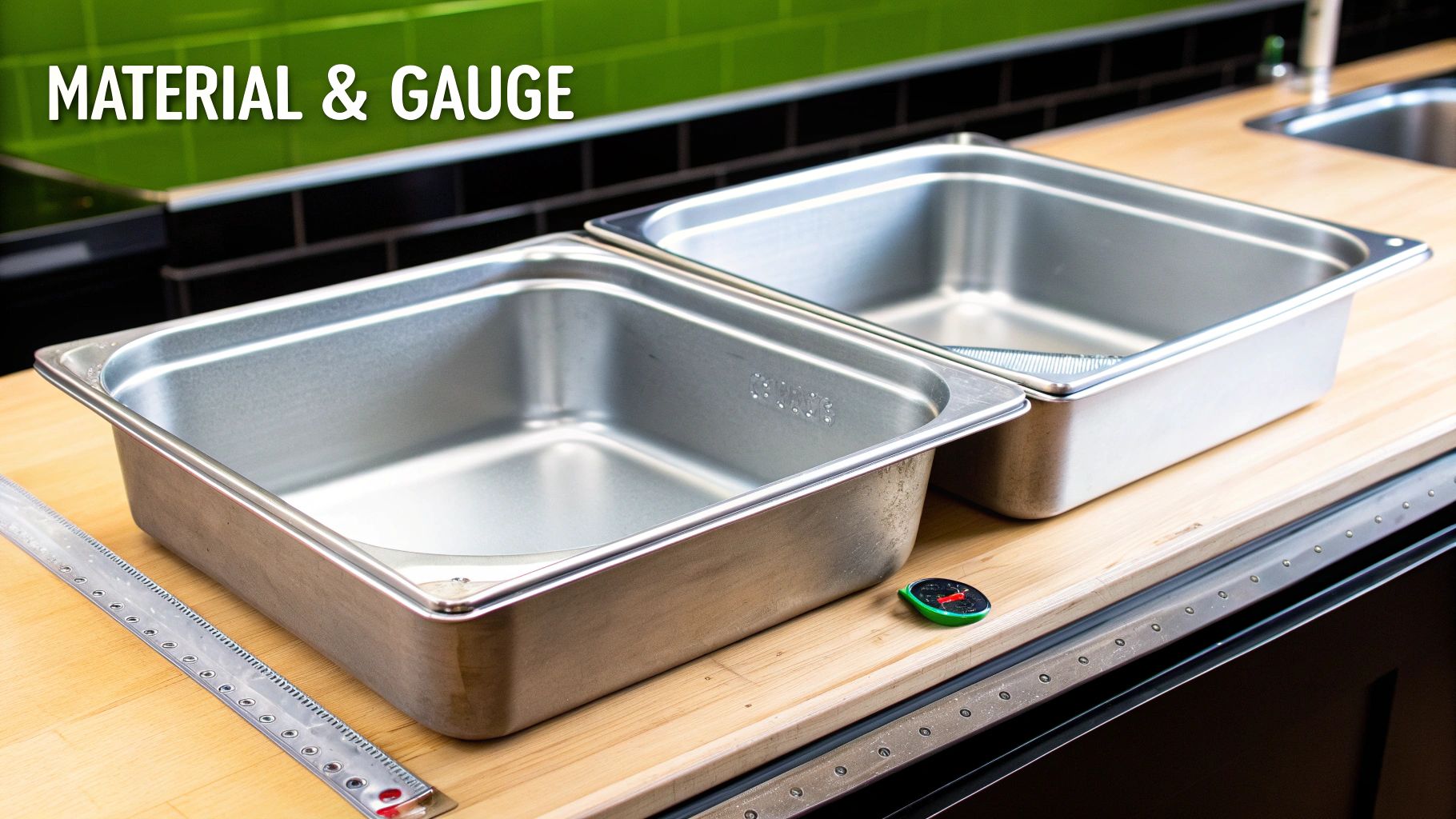 Two stainless steel steam table pans on a wooden counter with a ruler, illustrating material and gauge.