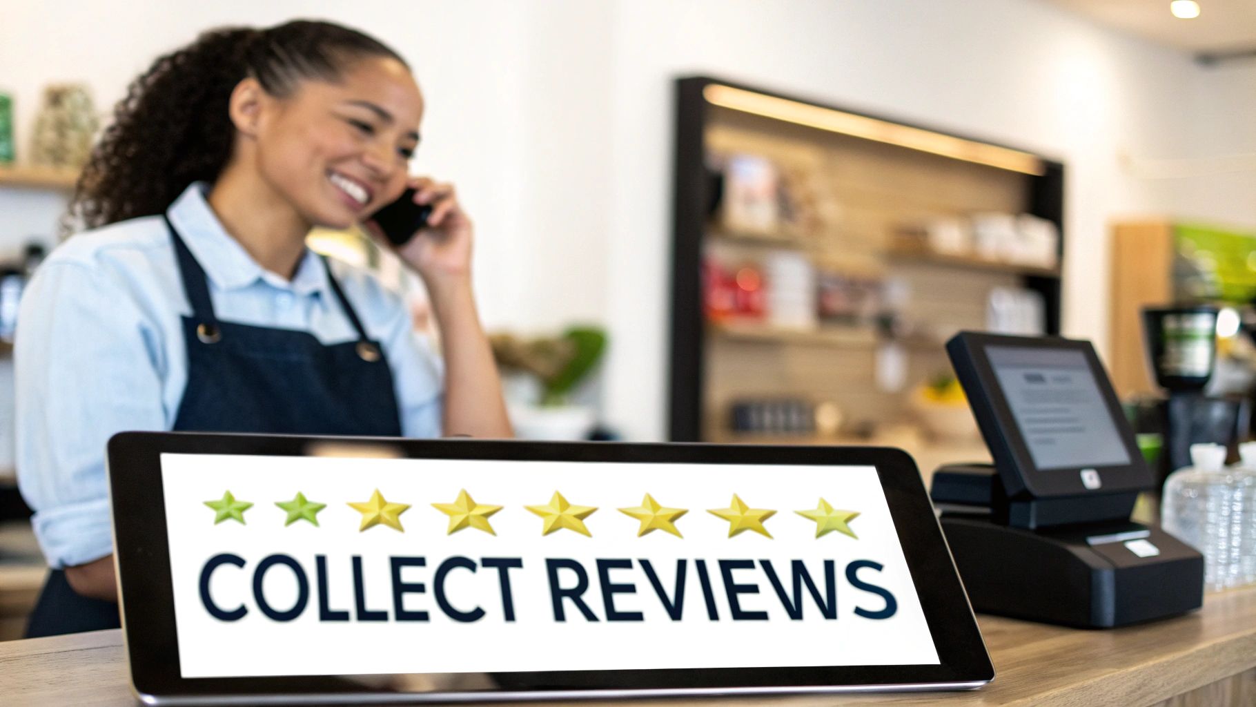 A happy barista takes a call while a tablet on the counter encourages customers to "COLLECT REVIEWS" with five stars.