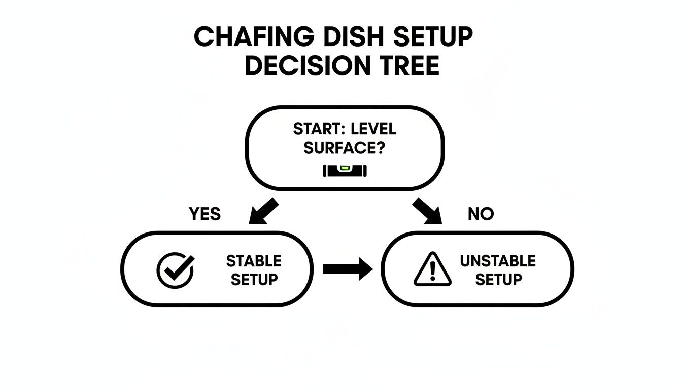 A decision tree illustrates how to set up a chafing dish, emphasizing surface level for stability.