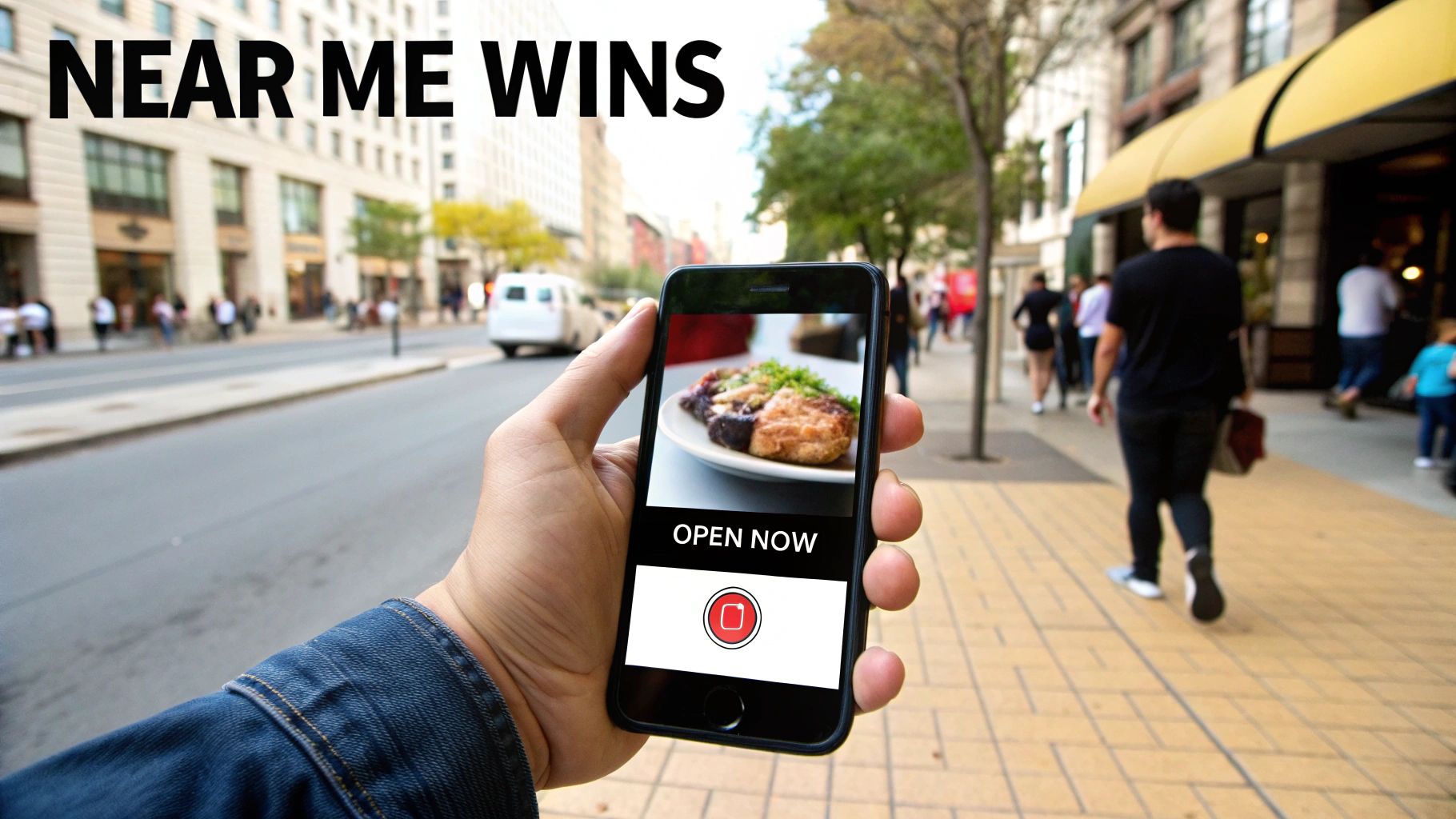 A diner on a busy city street looks at their smartphone, likely searching for a nearby place to eat.