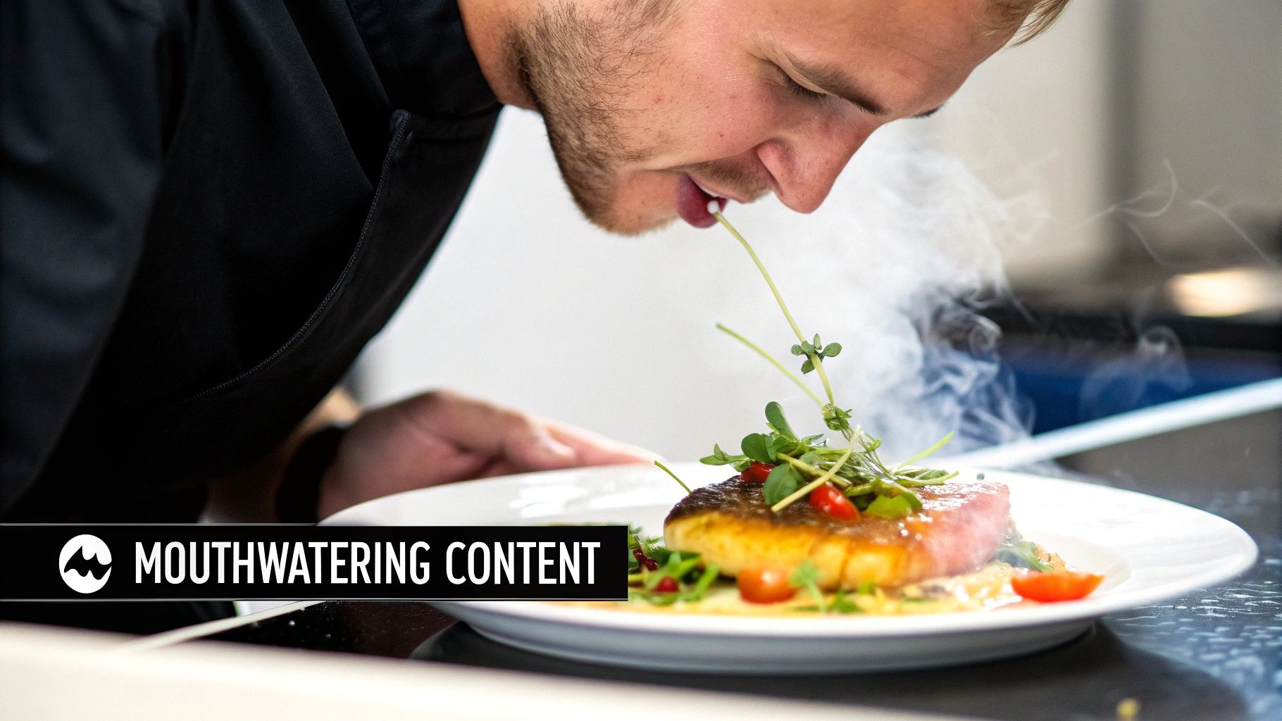 A chef carefully tastes a beautifully plated dish with microgreens and steam rising, showcasing gourmet food preparation.