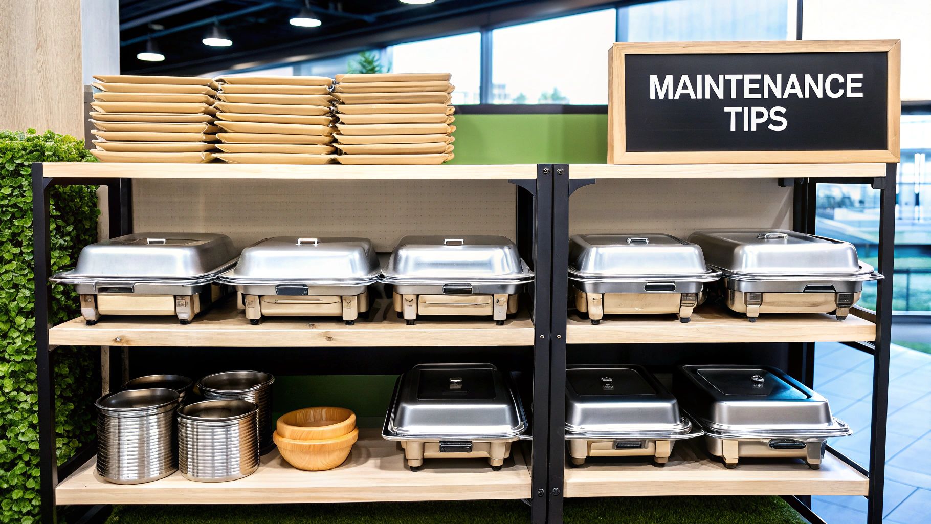 A clean and organized buffet setup featuring various chafing dish sizes.