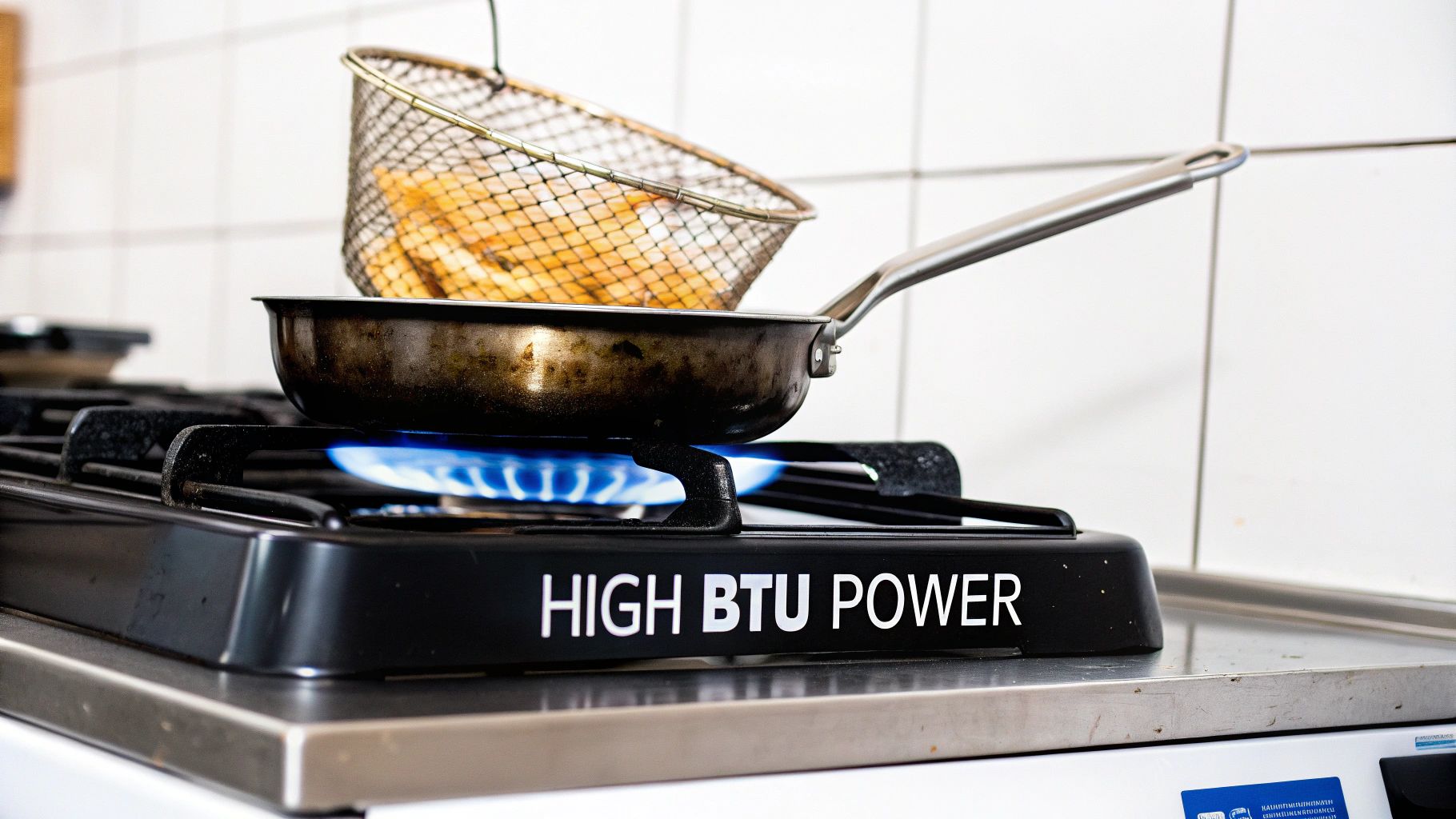 Close-up of a gas stove with a blue flame under a frying pan, cooking fries in a basket.
