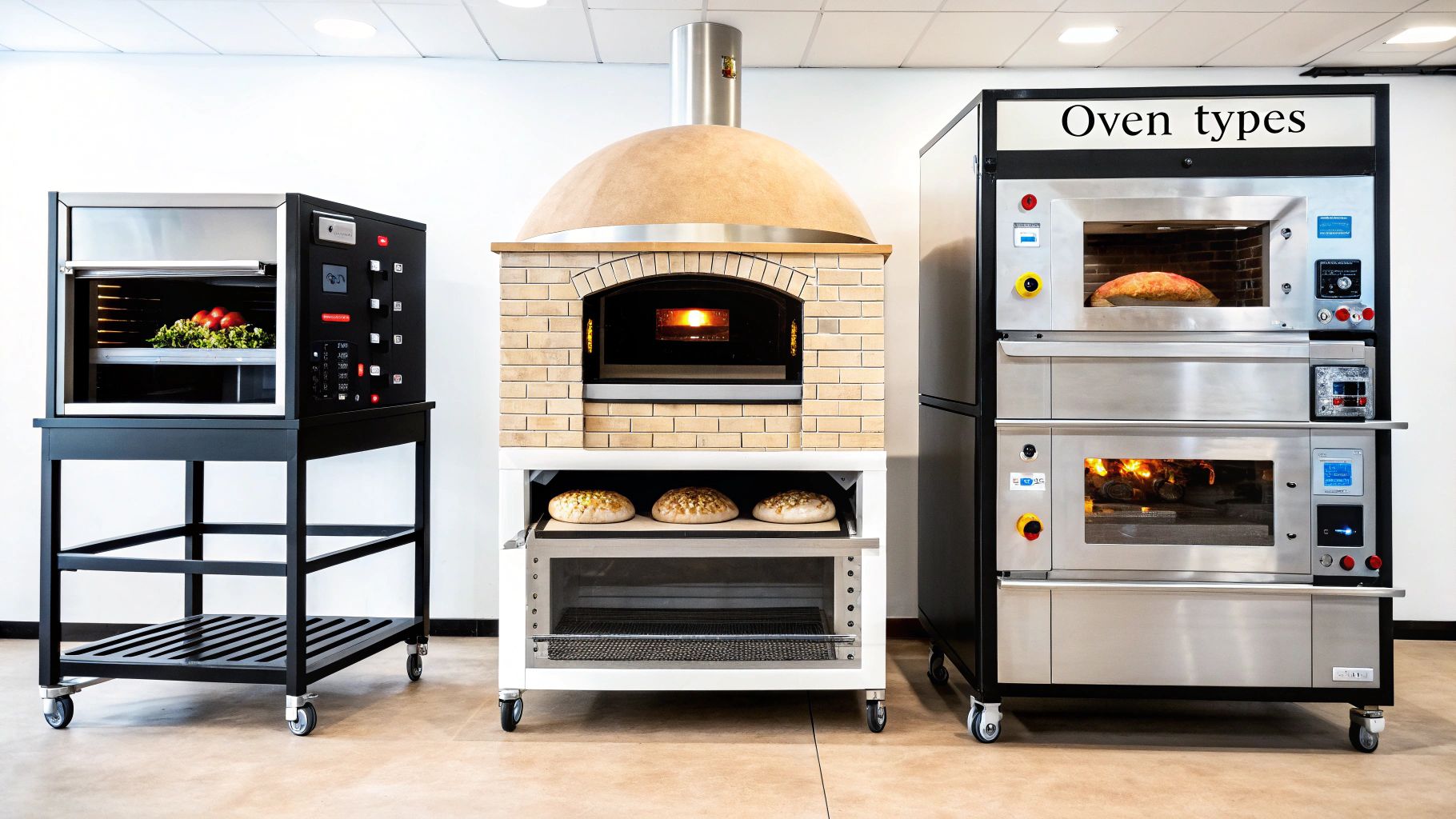 Three types of commercial ovens: a convection oven, a traditional brick oven, and a stacked deck oven.