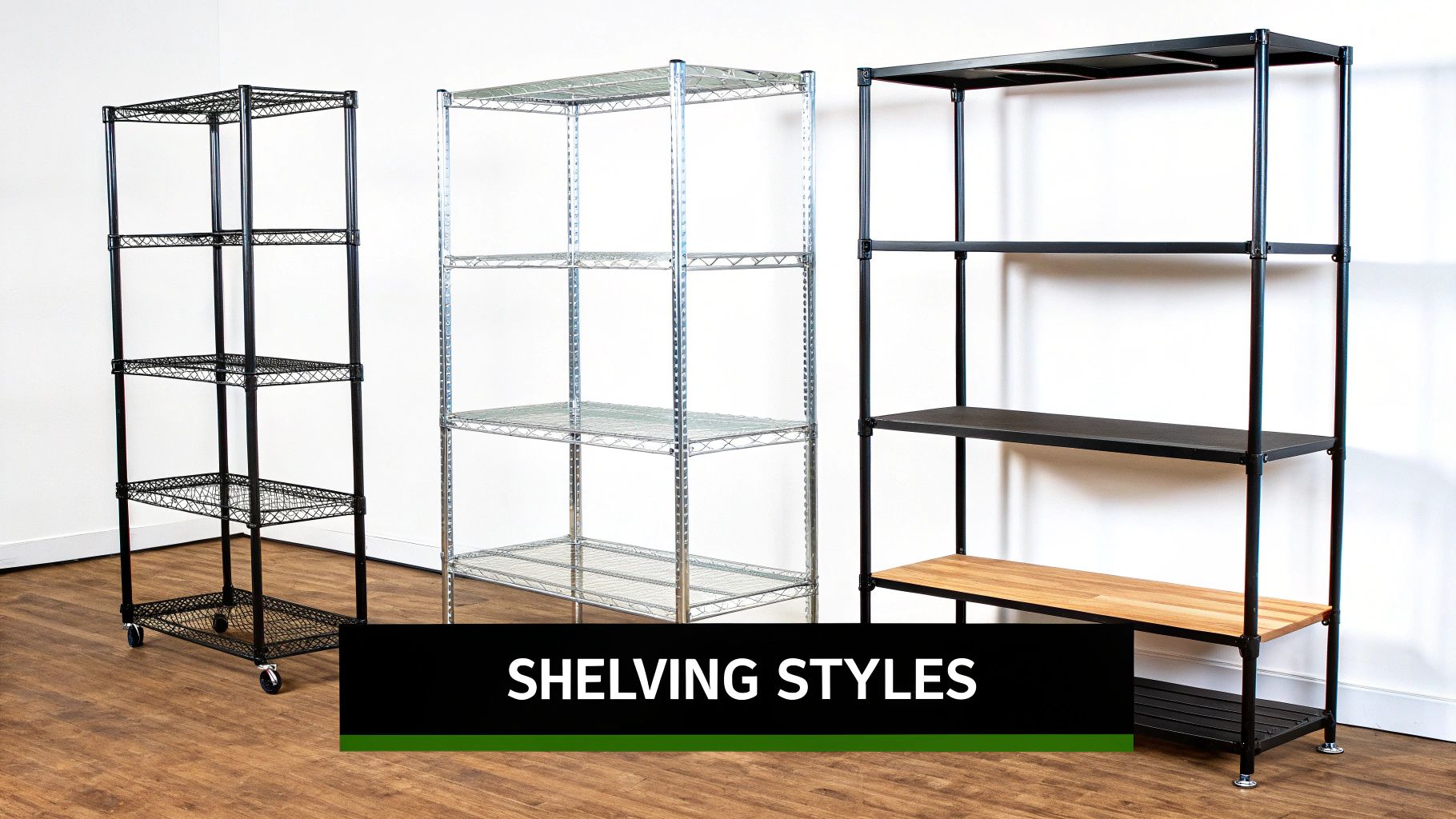 Various styles of stainless steel shelving units are neatly arranged in a modern commercial kitchen setting.