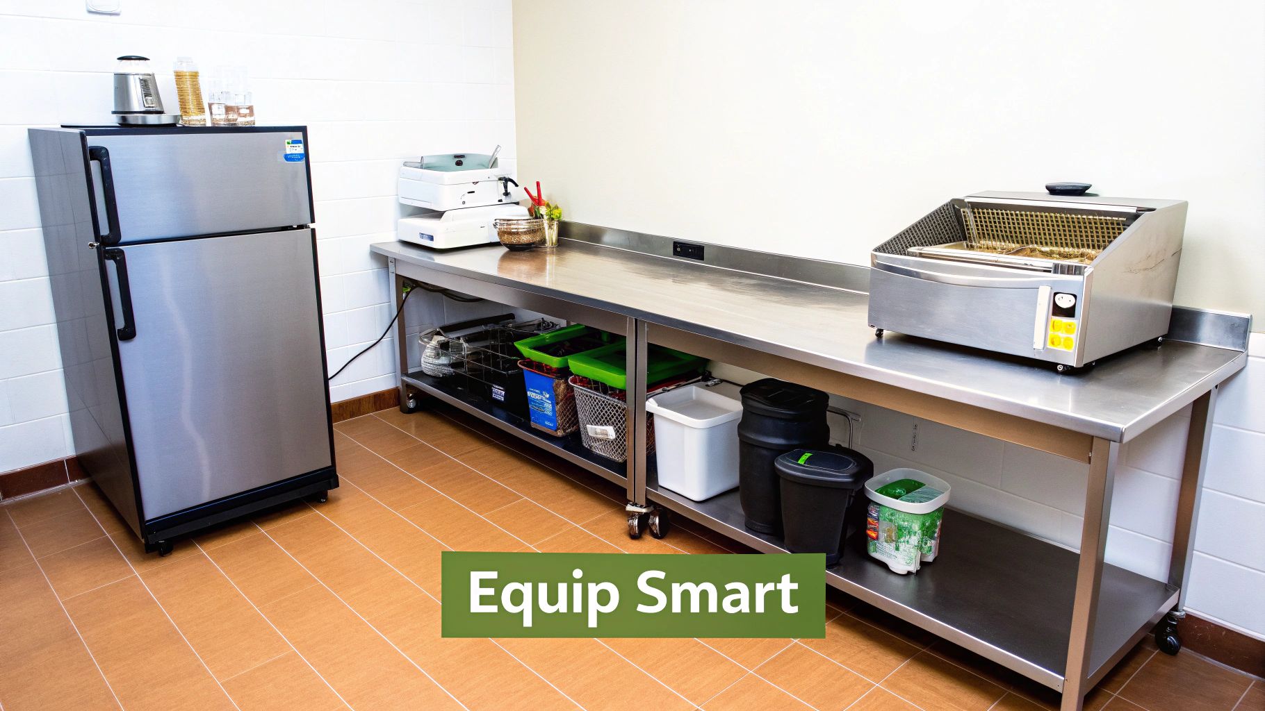 A clean commercial kitchen featuring stainless steel prep tables, a refrigerator, and a deep fryer.