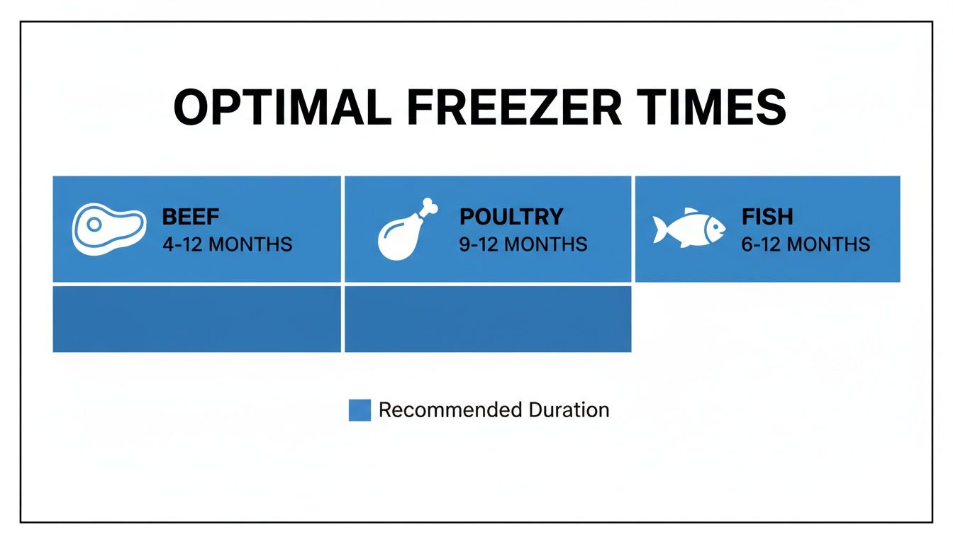 A chart displaying optimal freezer times for beef (4-12 months), poultry (9-12 months), and fish (6-12 months).
