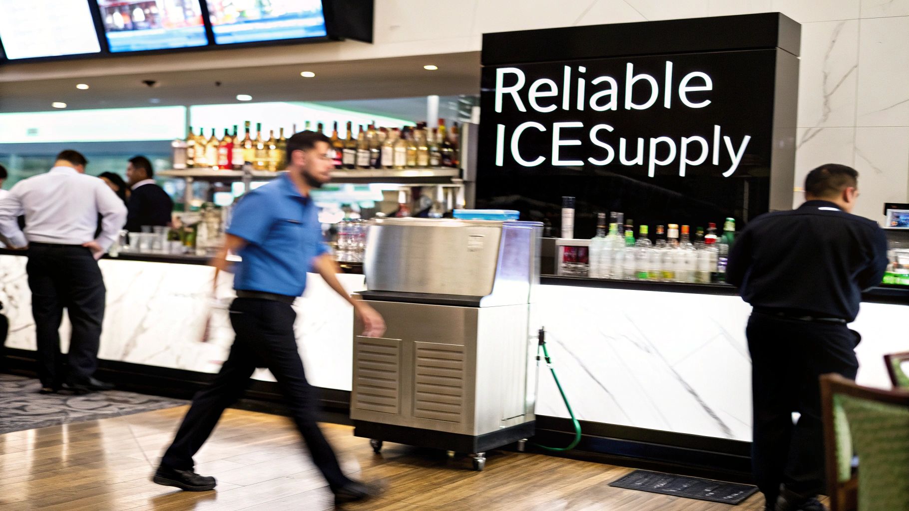A commercial stainless steel ice machine on wheels at a bustling bar, with staff working.