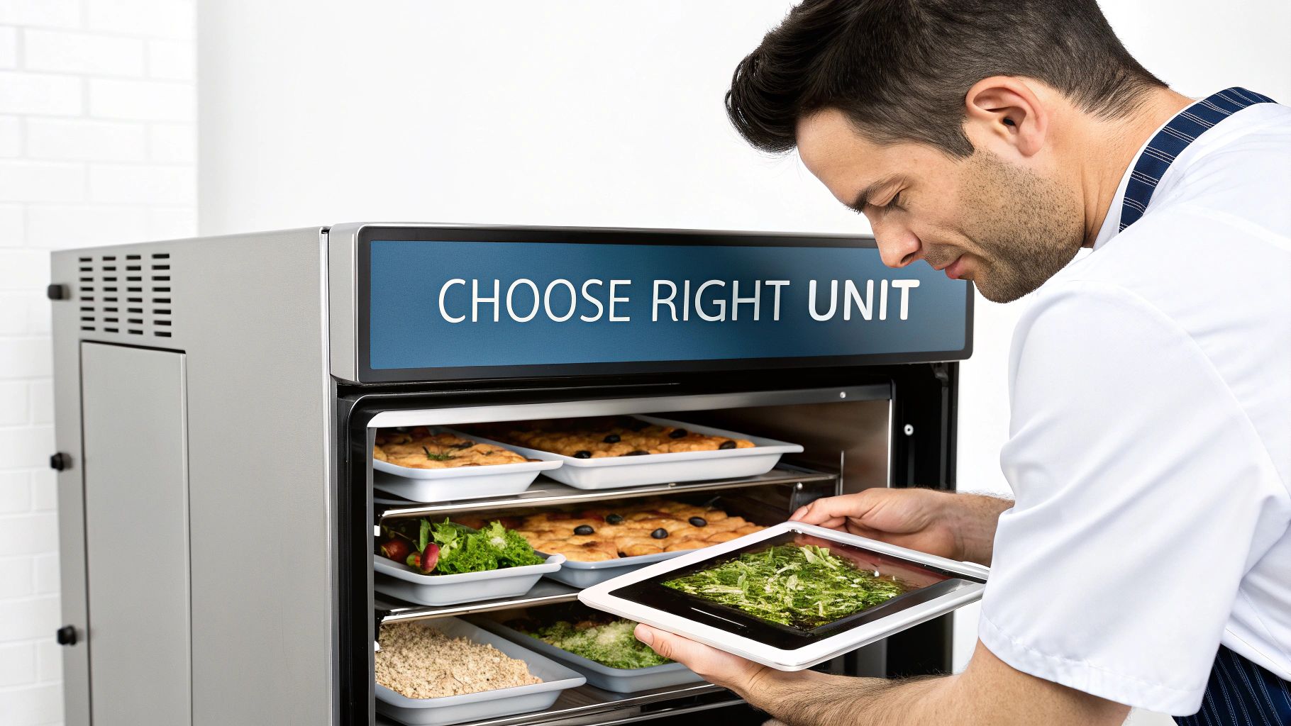 Professional chef uses a tablet to manage food stored in a commercial kitchen appliance with a digital display.