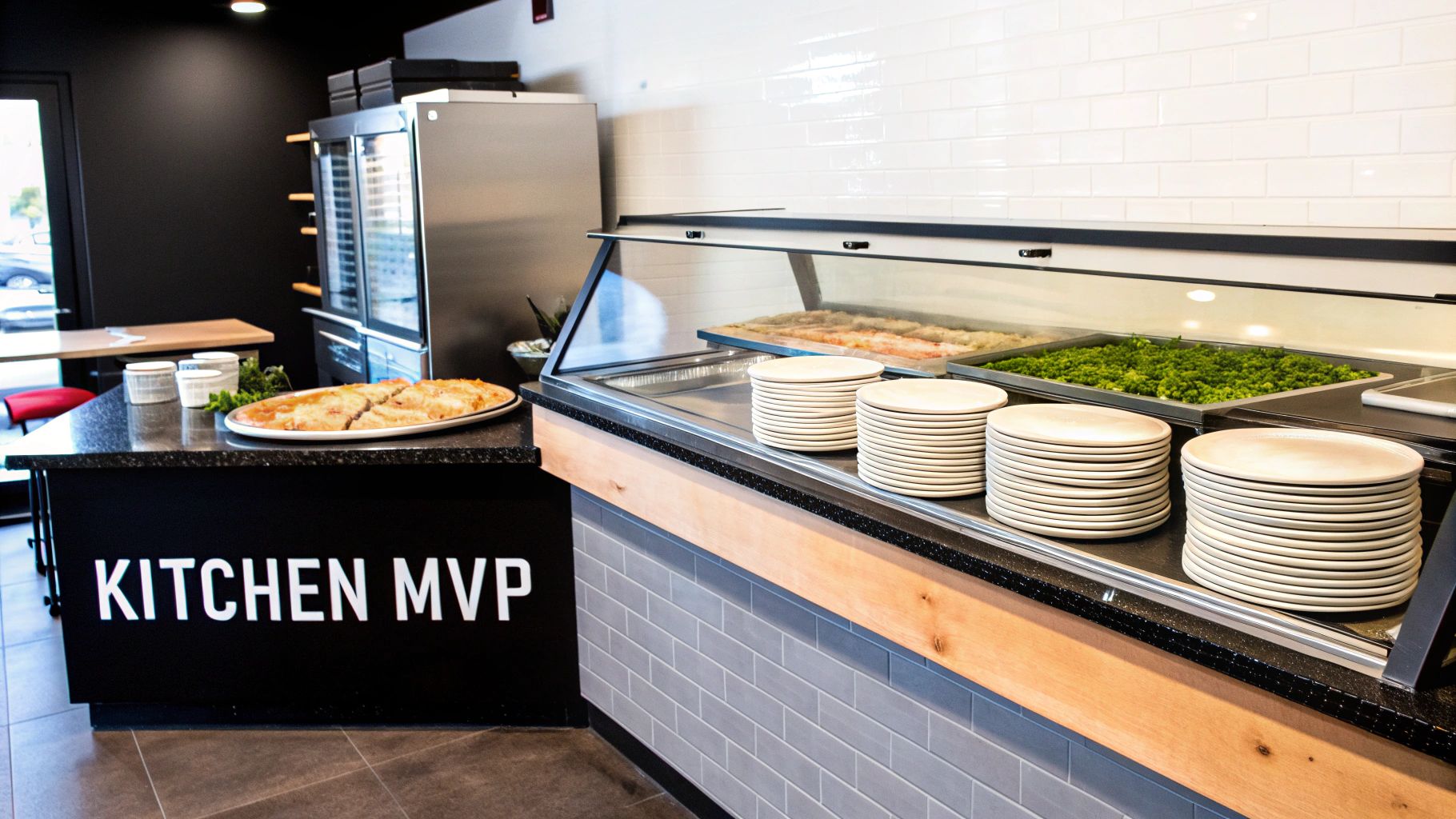 A modern commercial kitchen with a self-serve counter, pizza, stacked plates, and a refrigerator.