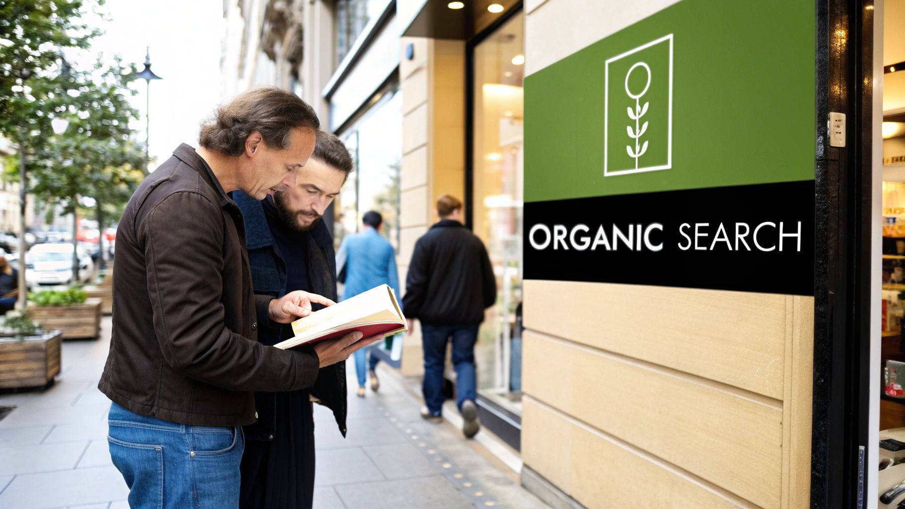 Two men studying a book outdoors, next to a store sign displaying 'ORGANIC SEARCH'.