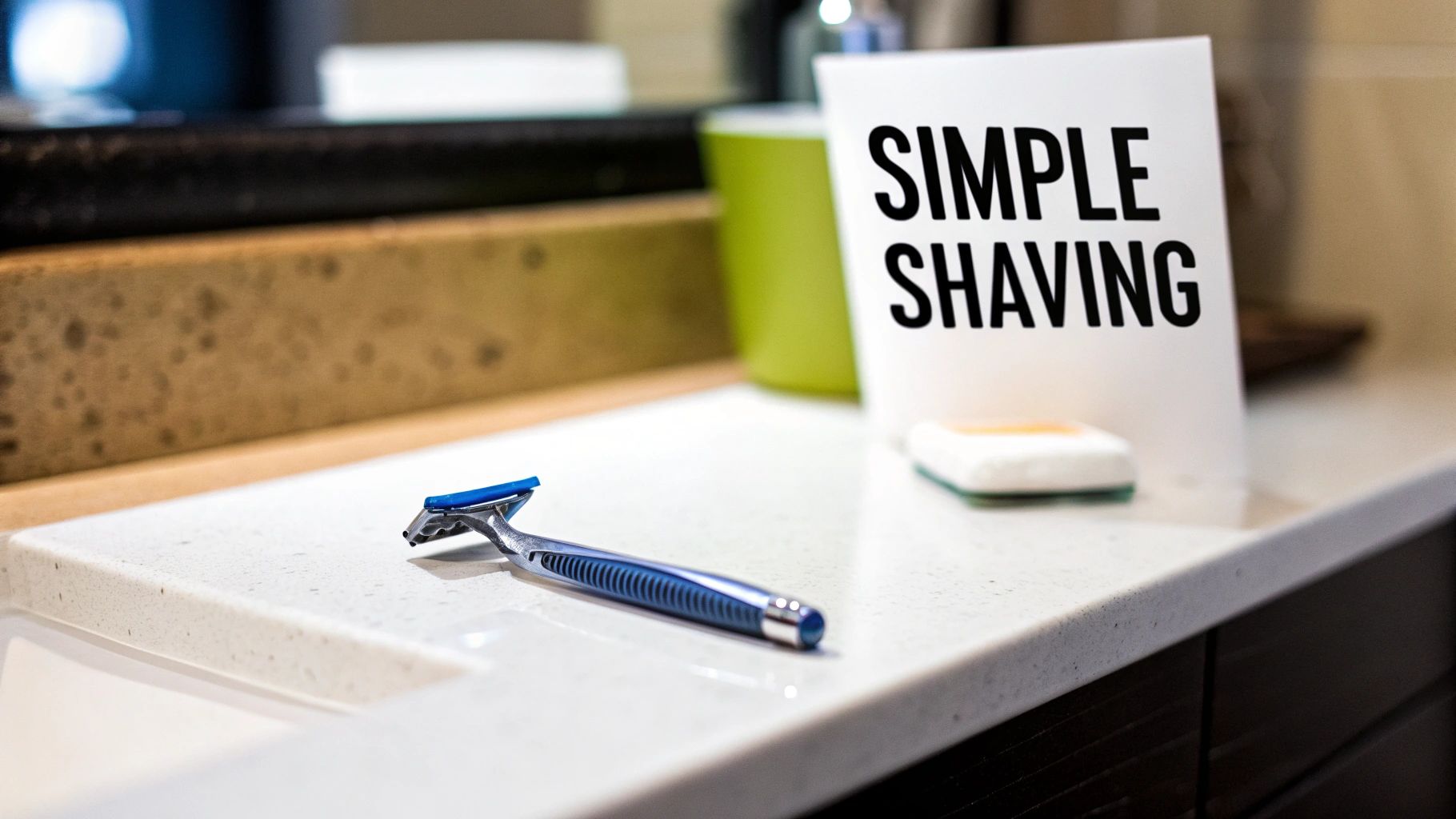 A blue razor, bar of soap, and 'SIMPLE SHAVING' sign on a white bathroom counter.