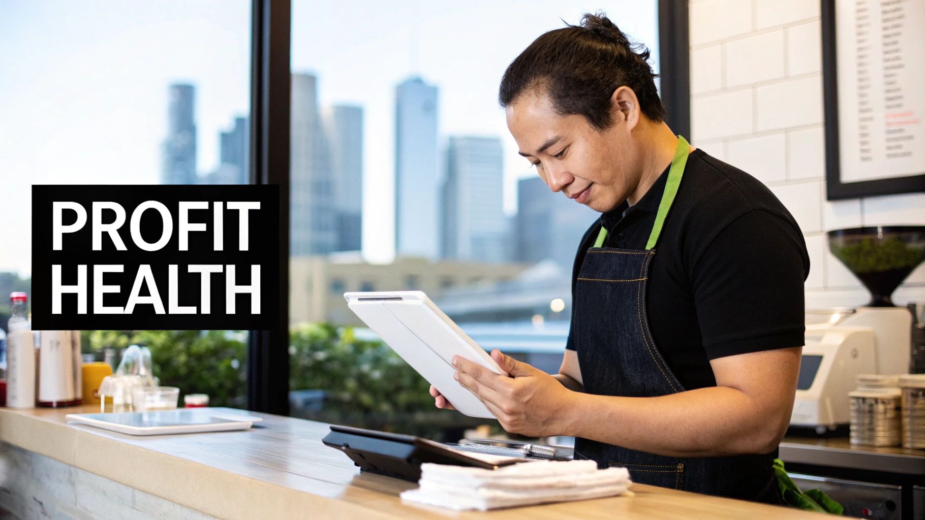 A cafe worker in an apron reviews financial data on a tablet, with 'Profit Health' text overlay.