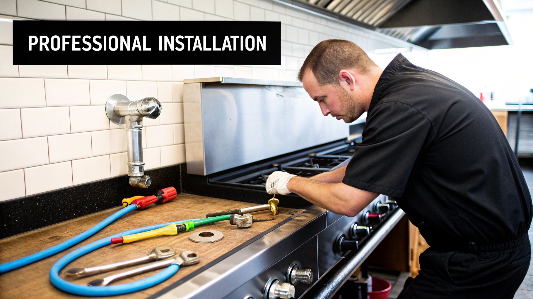 A professional technician wearing gloves works on a commercial kitchen gas range.
