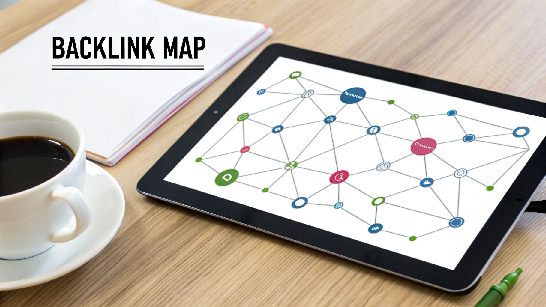Digital marketing workspace with 'BACKLINK MAP' on a notepad and a network diagram on a tablet.